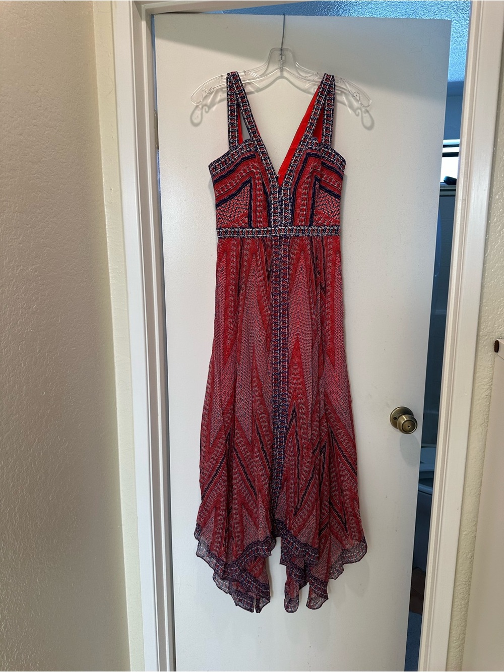 BCBGMaxAzria Red and Navy Asymmetrical Dress